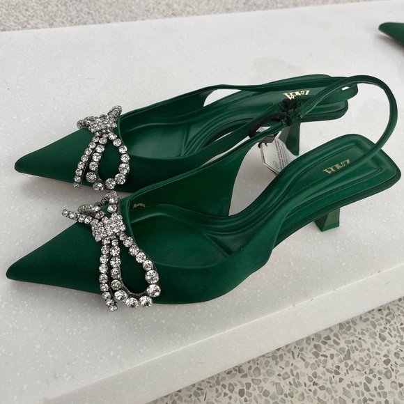 Zara Green Embellished Bow Heeled Slingback - Picture 15 of 17